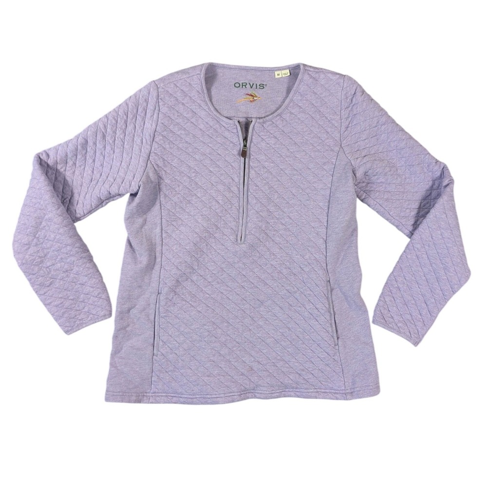 Orvis Womens Quilted Quarter Zip Pullover Sweatshirt Purple Size M Cotton Blend